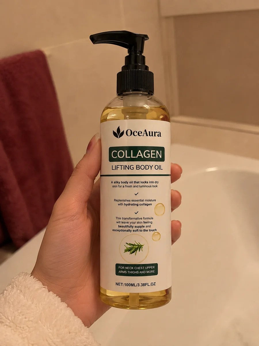 OceAura Collagen Body Oil ținut în mână, în baie